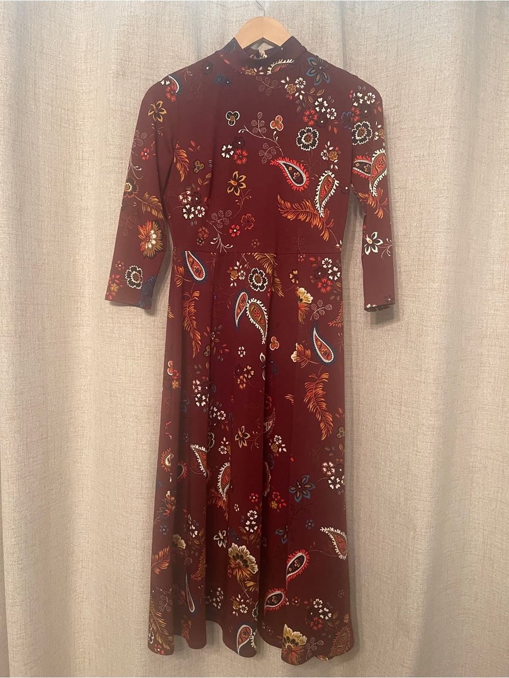 Burgundy Floral Paisley Maxi Dress with High Neck